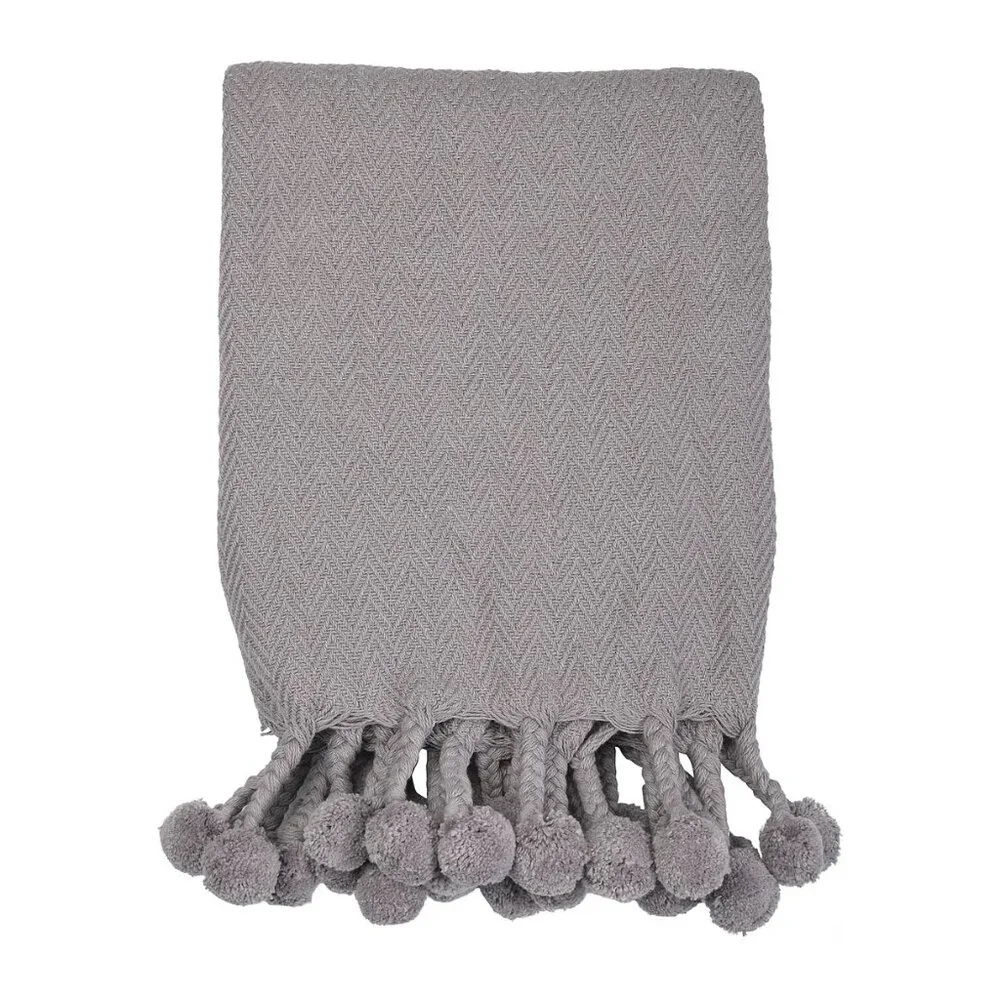Creative Co-Op Grey Woven Cotton Pom Pom Throw/NWT